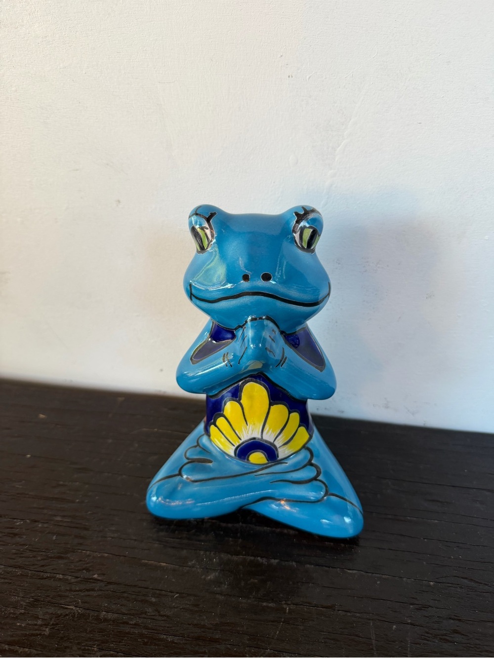 Blue Talavera Yoga Frog Figurine with Yellow Flower Accent